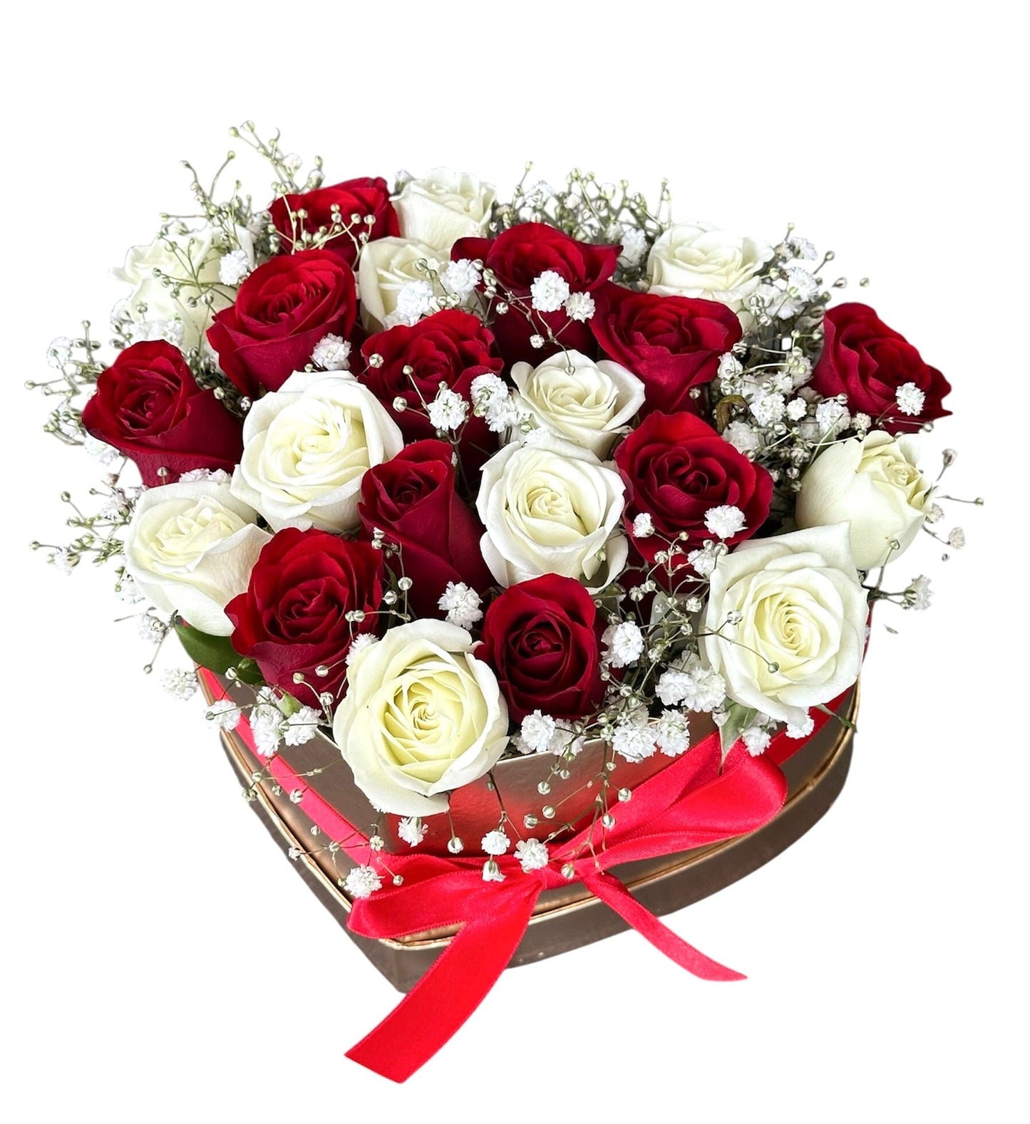 White and Red Roses with Gypsophila Box - Florist London