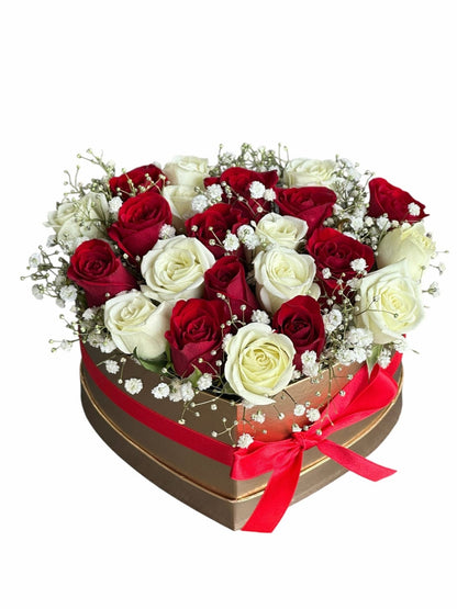 White and Red Roses with Gypsophila Box - Florist London