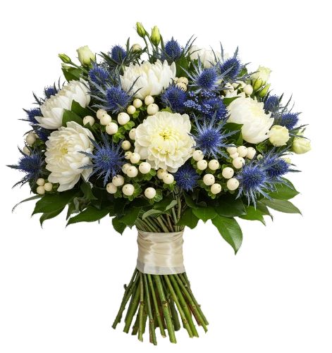 White Chrysanthemum in Blue Bouquet