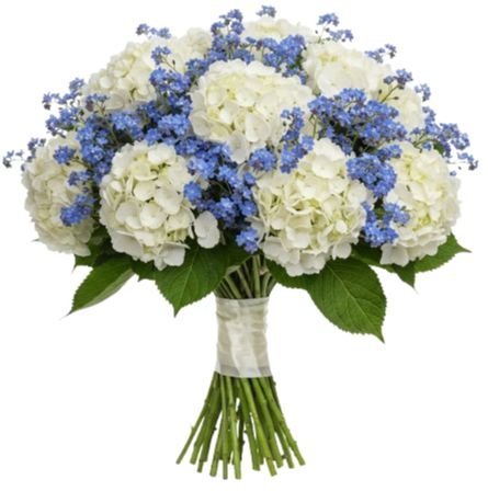 White Hydrangea with Forget - Me - Not Bouquet - Florist London