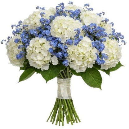 White Hydrangea with Forget - Me - Not Bouquet - Florist London
