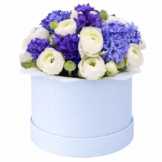 White Ranunculus with Blue Hyacinths - Florist London