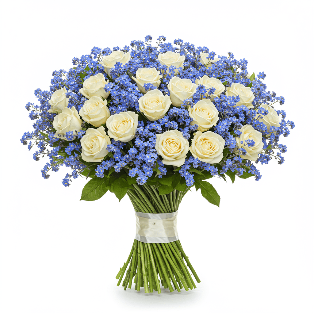 White Roses with Blue Forget - Me - Not Bouquet - Florist London