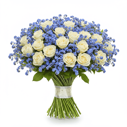 White Roses with Blue Forget - Me - Not Bouquet - Florist London