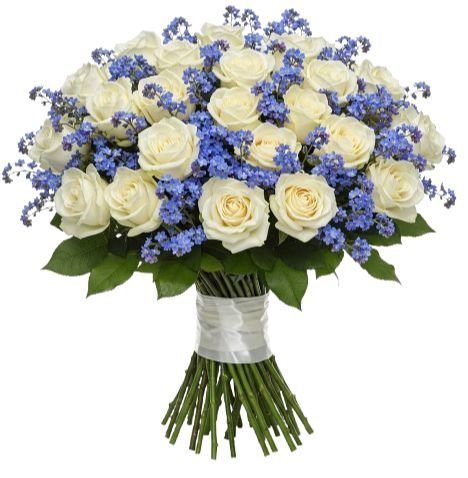 White Roses with Blue Forget - Me - Not Bouquet - Florist London