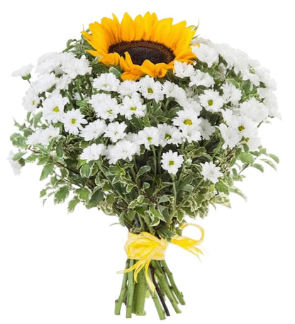White Santini Chrysanthemum and Sunflowers Bouquet - Florist London