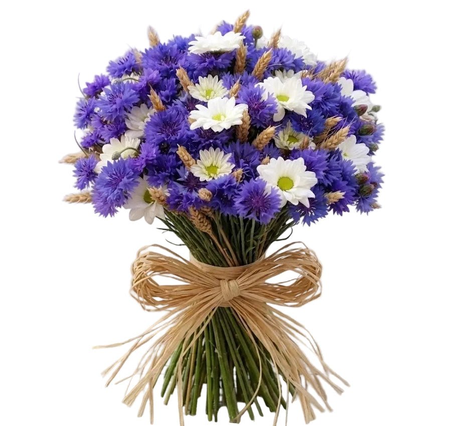 Wild Cornflower, Daisy and Golden Wheat Bouquet - Florist London