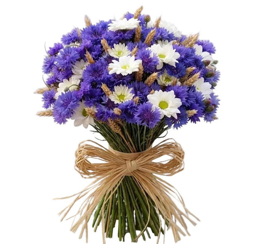 Wild Cornflower, Daisy and Golden Wheat Bouquet - Florist London