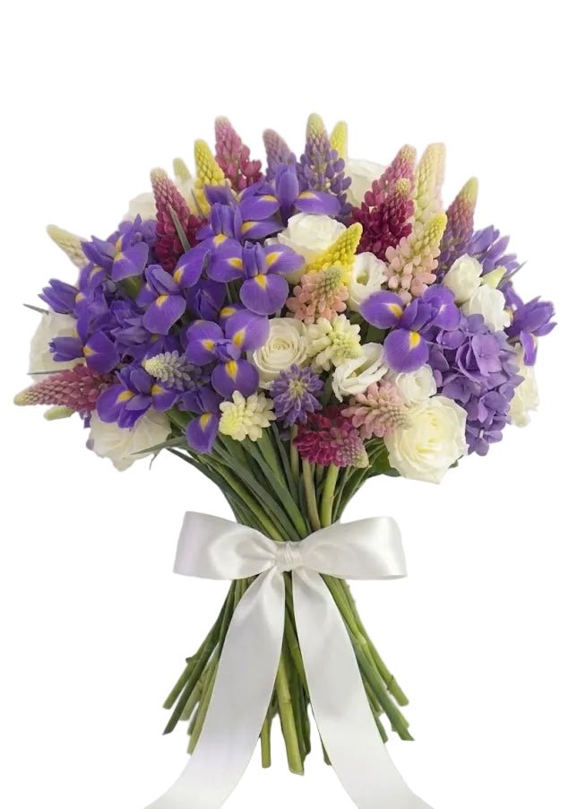Wild Garden Iris and White Rose Bouquet - Florist London