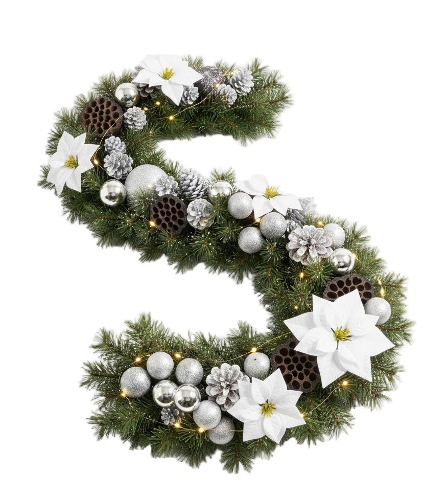 Winter Forest Garland with Silver Baubles and White Poinsettia - Florist London