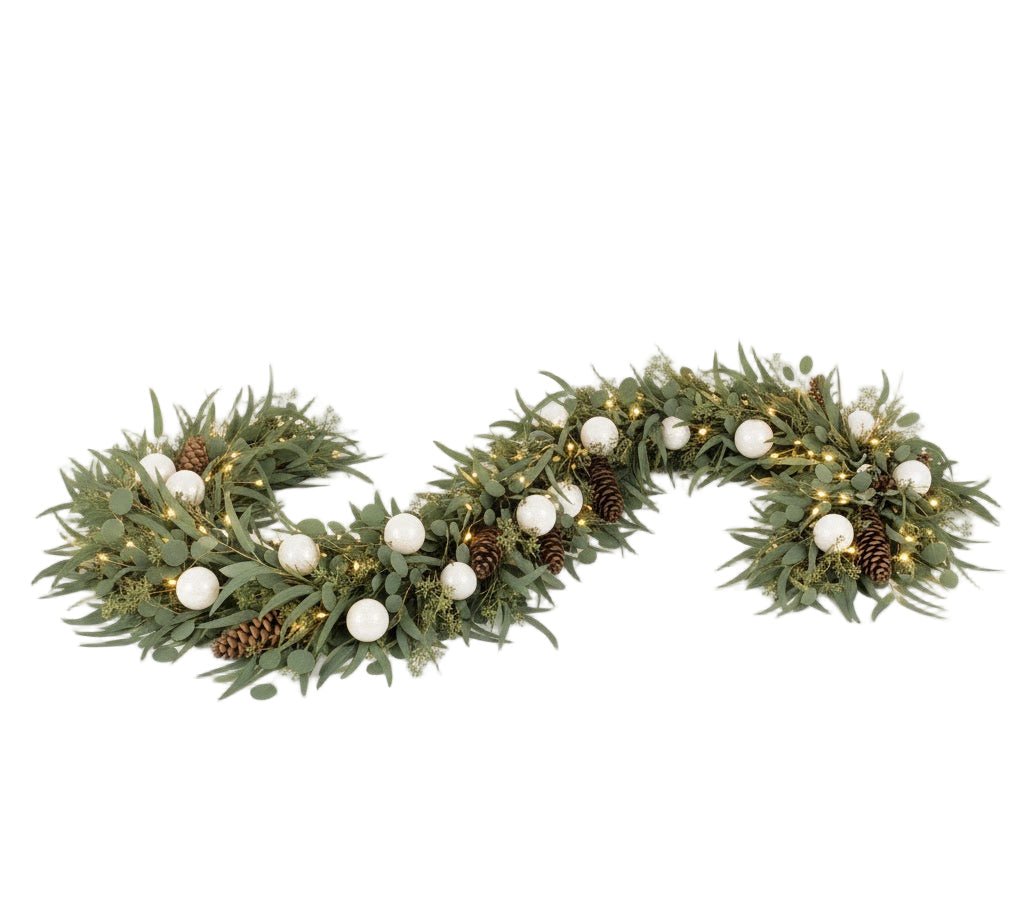 Winter Luxe Eucalyptus Garland with Pine Cones and White Baubles - Florist London