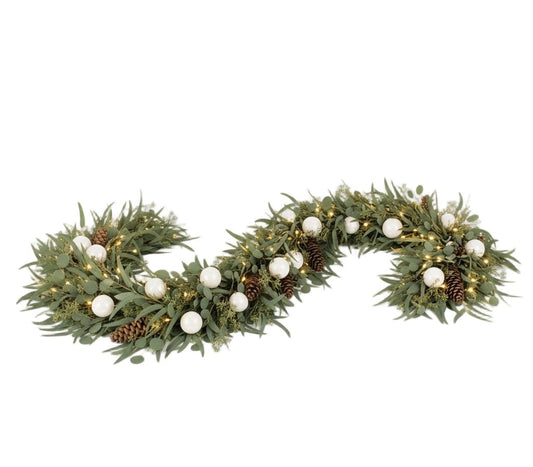 Winter Luxe Eucalyptus Garland with Pine Cones and White Baubles - Florist London