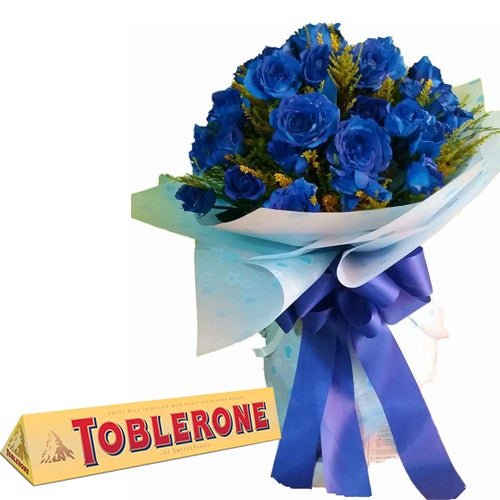 Blue Roses with Solidago and Toblerone - Florist London