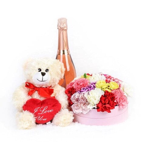 Carnation Box with Teddy and Wine - Florist London
