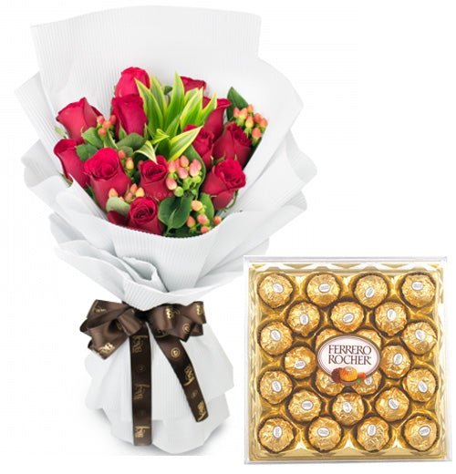 Cerise Roses with Hypericum and Ferrero Rocher - Florist London