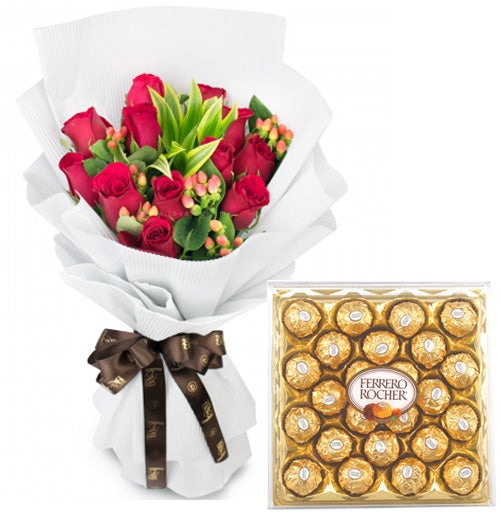 Cerise Roses with Hypericum and Ferrero Rocher