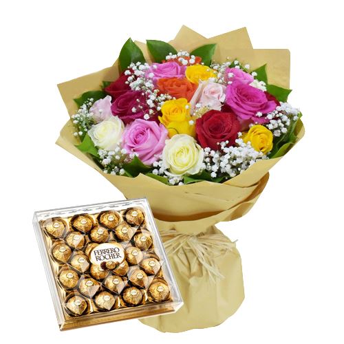 Colourful Roses with Gypsophila and Chocolates