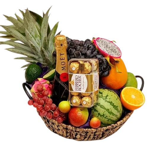 Fruit Basket with Bottle of Alcohol - Florist London