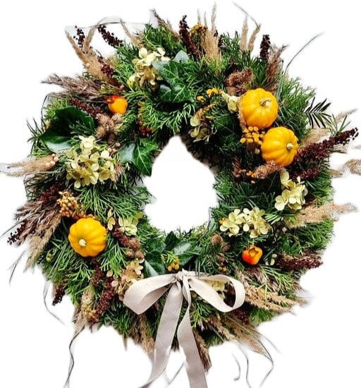 Green Autumn Wreath with Pumpkins