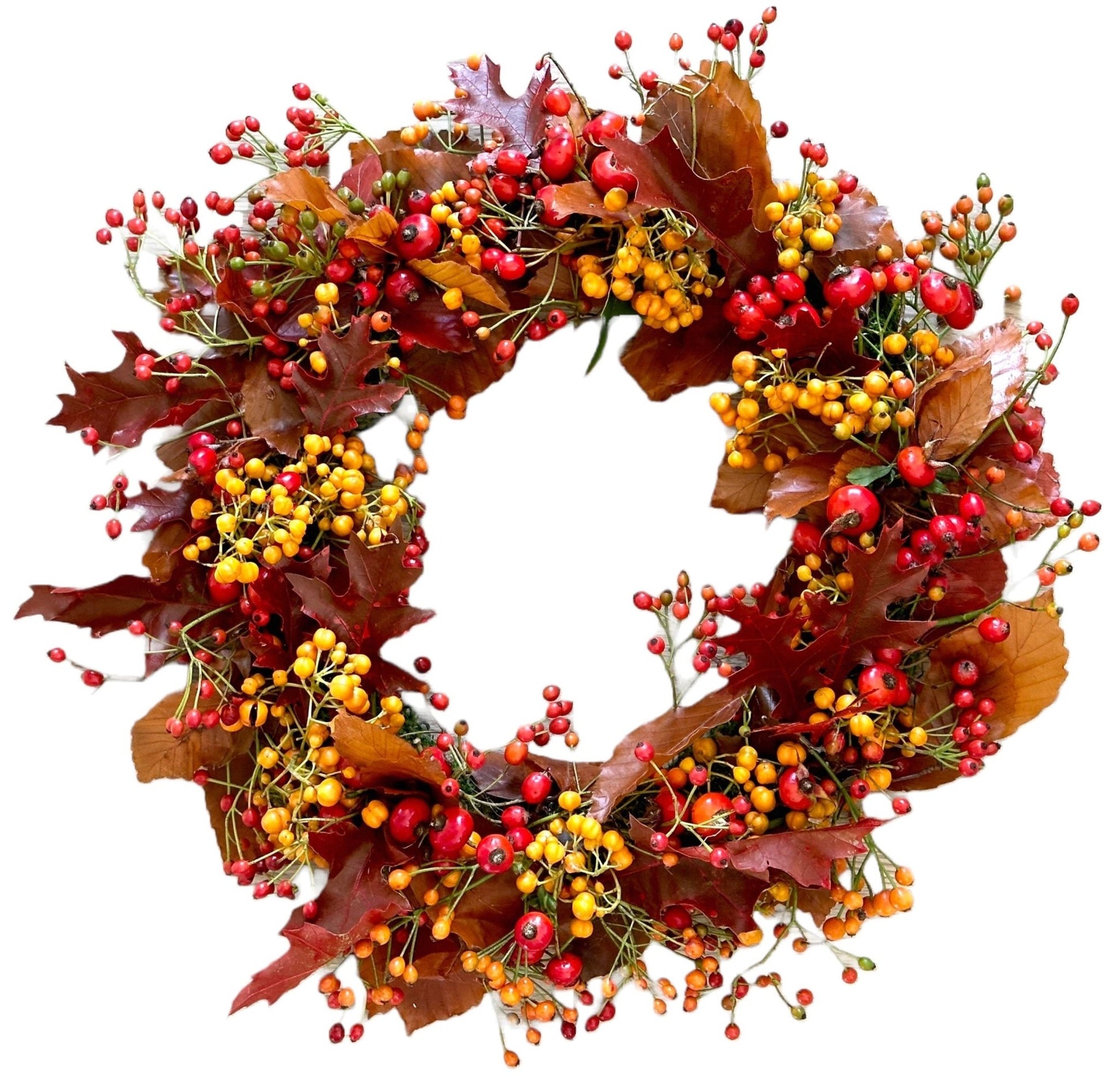 Orange and Red Berry Wreath with Leaves - Florist London