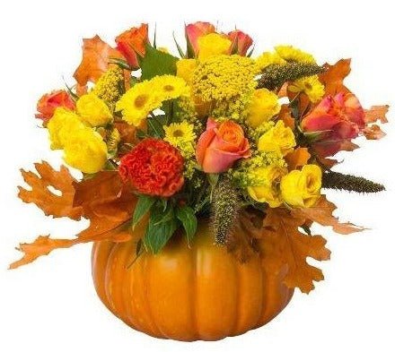 Orange and Yellow Flowers in a Pumpkin - Florist London