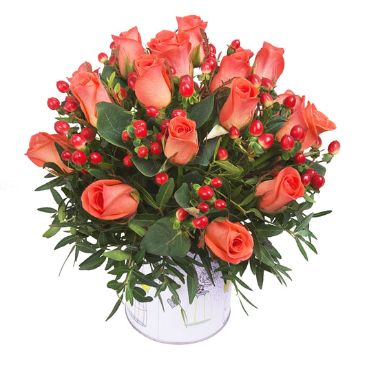 Orange Roses with Berry Box