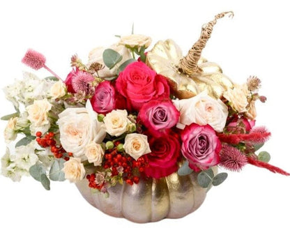 Pink and Gold Pumpkin Arrangement - Florist London