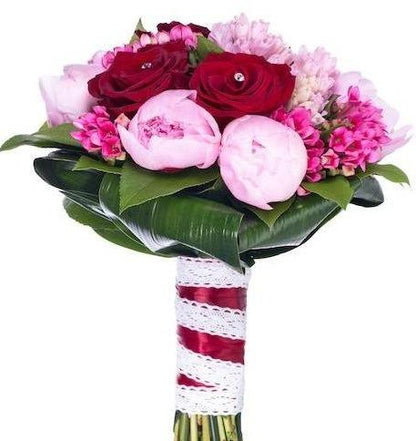Pink Peonies with Red Roses Wedding Bouquet - Florist London