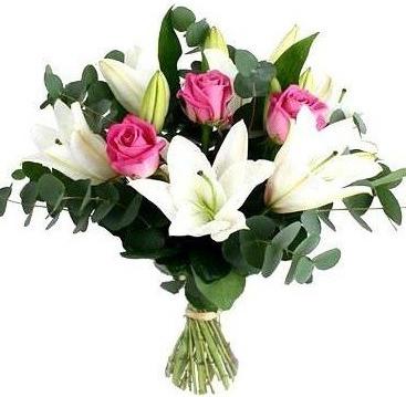 Pink Roses and White Lily Bouquet - Florist London
