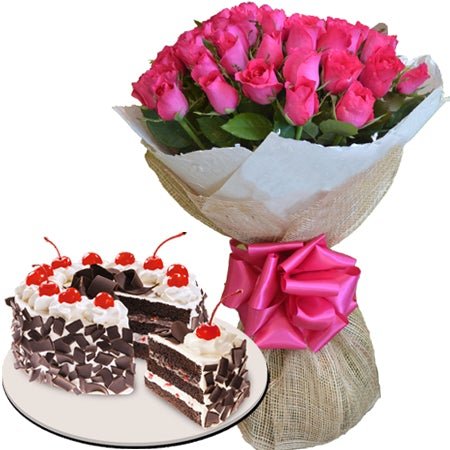 Pink Roses Bouquet with Cake - Florist London
