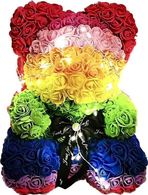Rainbow Rose Flower Teddy Bear with LED Lights - Florist London