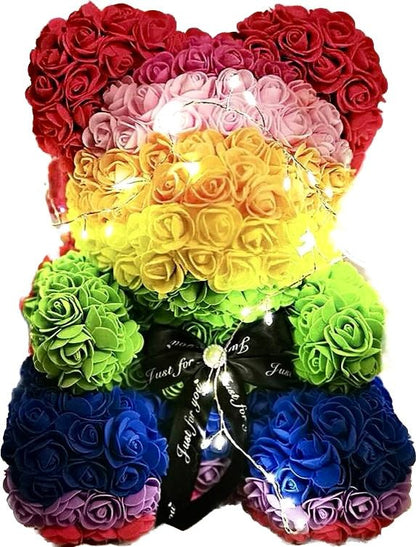 Rainbow Rose Flower Teddy Bear with LED Lights - Florist London