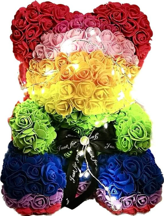 Rainbow Rose Flower Teddy Bear with LED Lights - Florist London