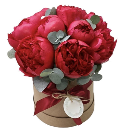 Red Peonies with Eucalyptus Box