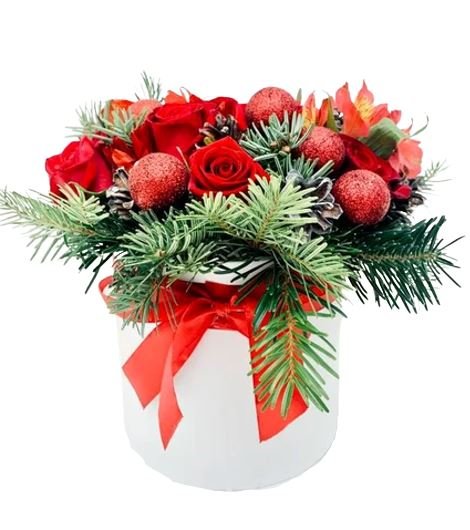 Red Roses and Red Baubles Christmas Box - Florist London