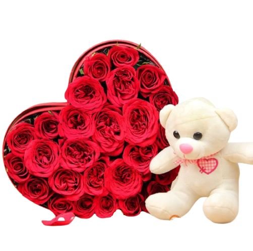 Red Roses Box with Teddy - Florist London