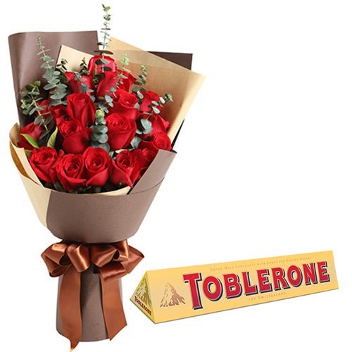 Red Roses with Eucalyptus and Toblerone - Florist London