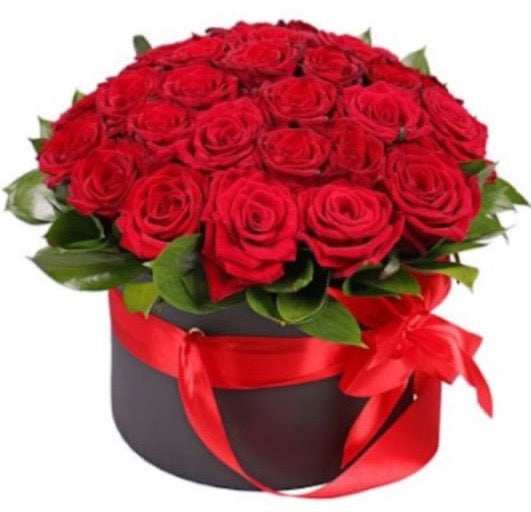 Red Roses with Greenery Box