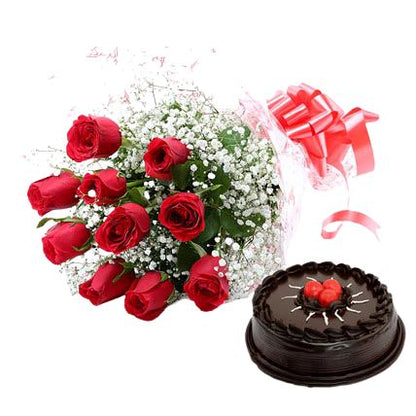 Red Roses with Gypsophila and Cake
