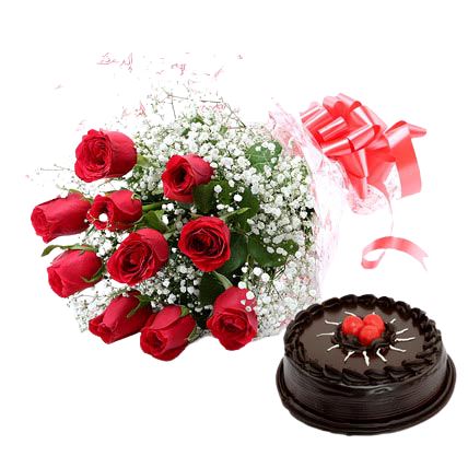Red Roses with Gypsophila and Cake