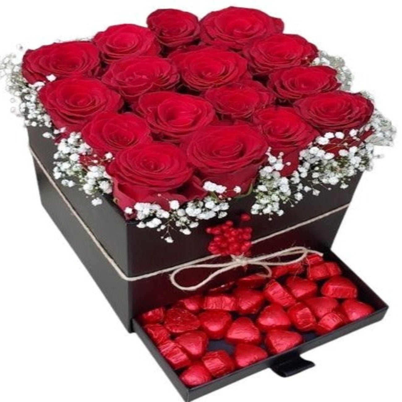 Red Roses with Gypsophila and Chocolate Secret Box - Florist London