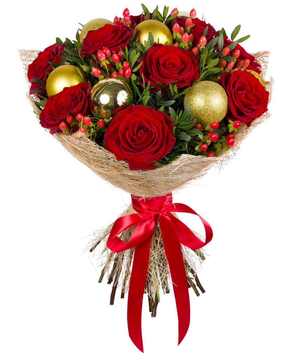 Red Roses with Hypericum Christmas Bouquet - Florist London
