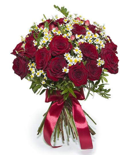 Red Roses with Tanacetum Bouquet - Florist London