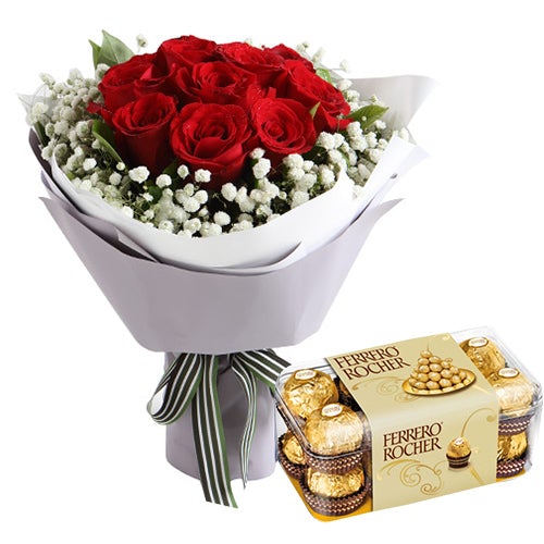 Roses and Ferrero Rocher Bouquet with Gypsophila