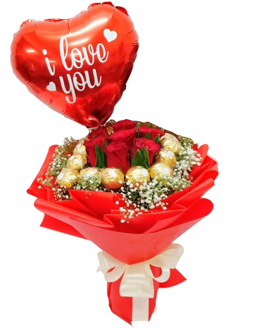 Roses, Chocolate and Baby's Breath with Balloon - Florist London