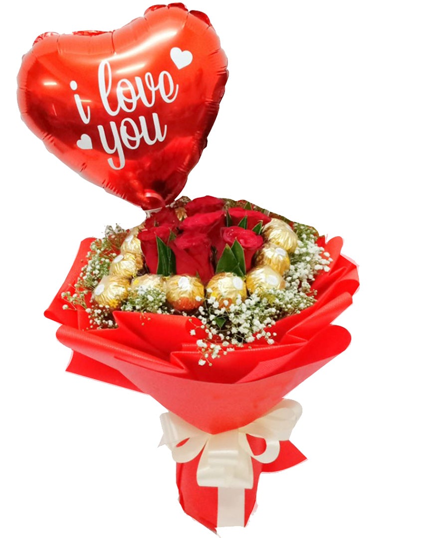 Roses, Chocolate and Baby's Breath with Balloon