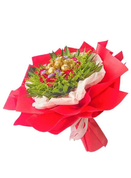 Roses, Limonium and Chocolates Bouquet