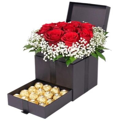 Roses with Gypsophila and Chocolate Secret Box - Florist London