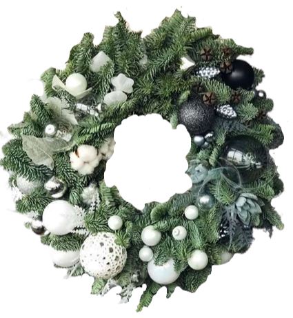 White and Black Baubles Wreath - Florist London
