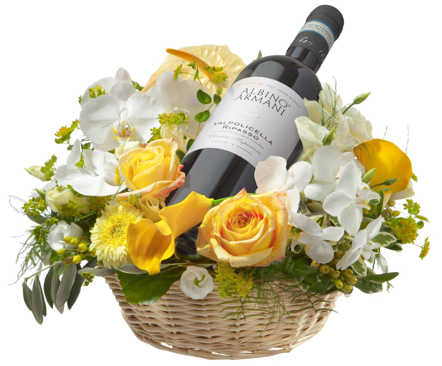 White and Yellow Flowers with Wine - Florist London